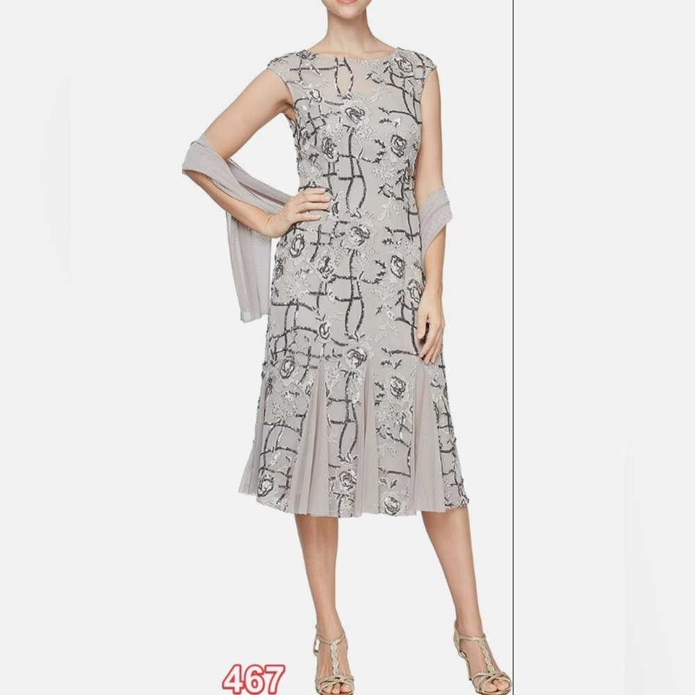 Alex Evenings Silver Floral Midi Dress